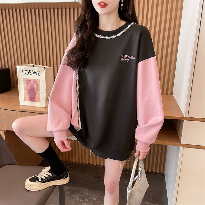 Real photos of Hua Cotton round neck color-blocking sweatshirt for women's new spring and autumn fashionable age-reducing loose design top trendy