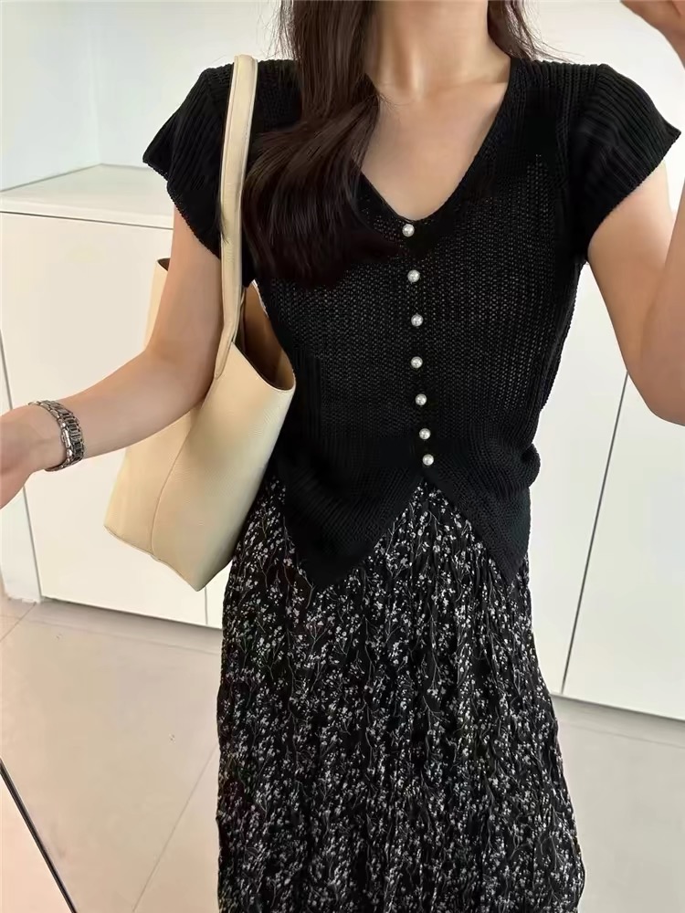 韓系條紋珍珠單排扣前開叉針織衫女2025夏季高級感V領氣質上衣潮