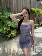 實拍復古性感彈力網紗印花抽褶吊帶連衣裙包臀裙女