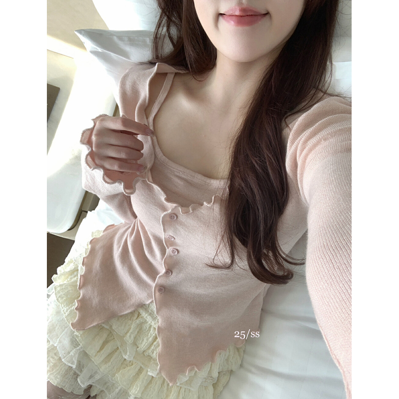 Thirteen Lines 2025 Spring Thin Fake Two-Piece Sweater Soft Glutinous Slim Wavy Side Sling Cardigan