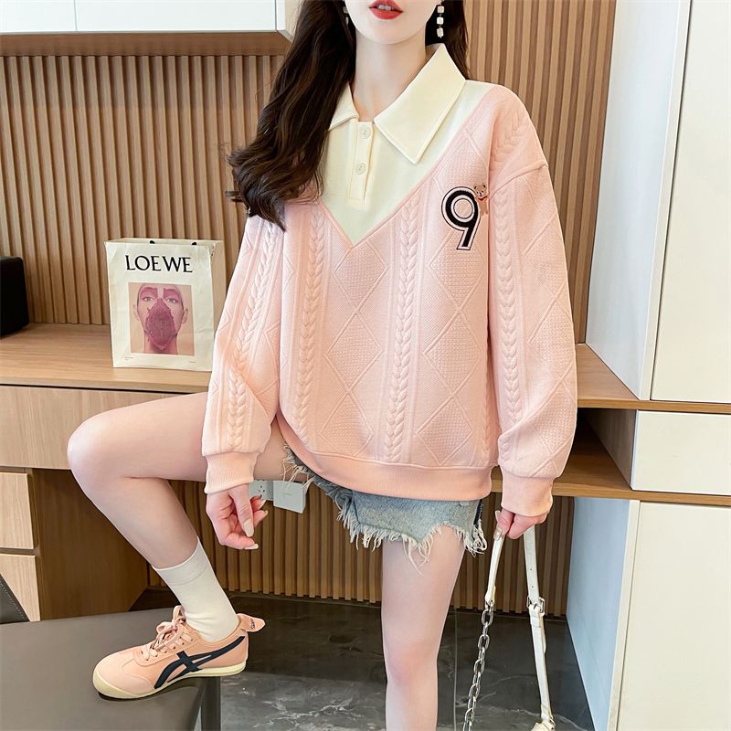 Real shot of polo neck jacquard sweatshirt for women's new spring and autumn fashionable age-reducing loose design top trendy