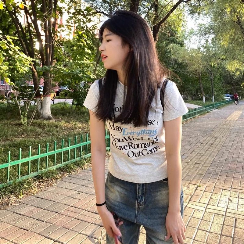 Printed front shoulder short-sleeved T-shirt for women in summer new niche American pure cotton slim T-shirt top