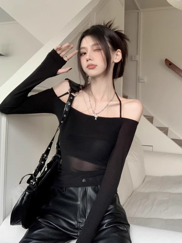 Pure sexy mesh one-shoulder top for women in spring and autumn chic high-end hot girl base shirt black long-sleeved T-shirt