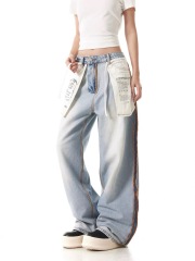 American retro flip-on design jeans for women 2025 new loose wide-leg casual straight pants trendy