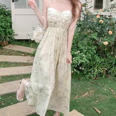 French trick floral suspender skirt for women in summer fresh waist-hugging dress, gentle and sweet fairy skirt
