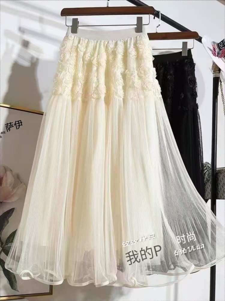 French Super Fairy Mesh Flower Pleated Skirt 2025 Spring New High Waist Slim Mid-Long Skirt for Women
