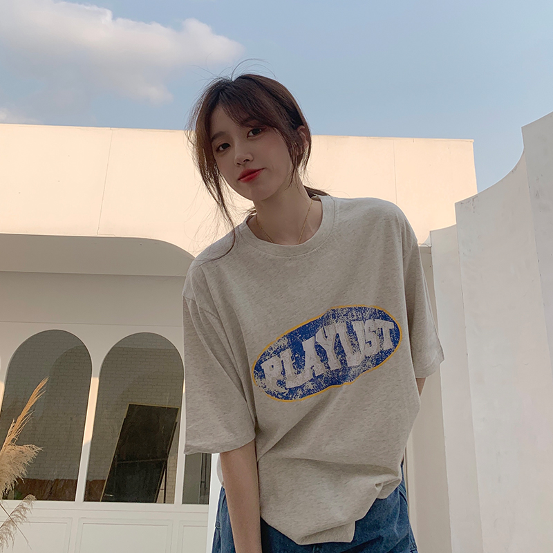 200g pure cotton summer new short-sleeved T-shirt for women's white age-reducing letters loose and versatile slim T-shirt trendy