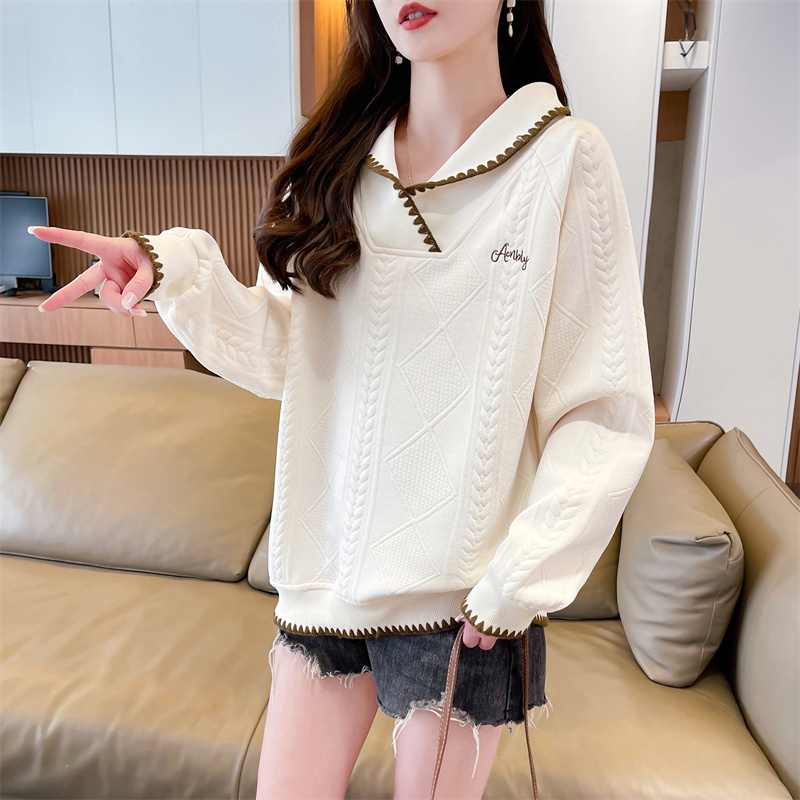 Real shot of polo neck jacquard sweatshirt for women's new spring and autumn fashionable age-reducing loose design top trendy