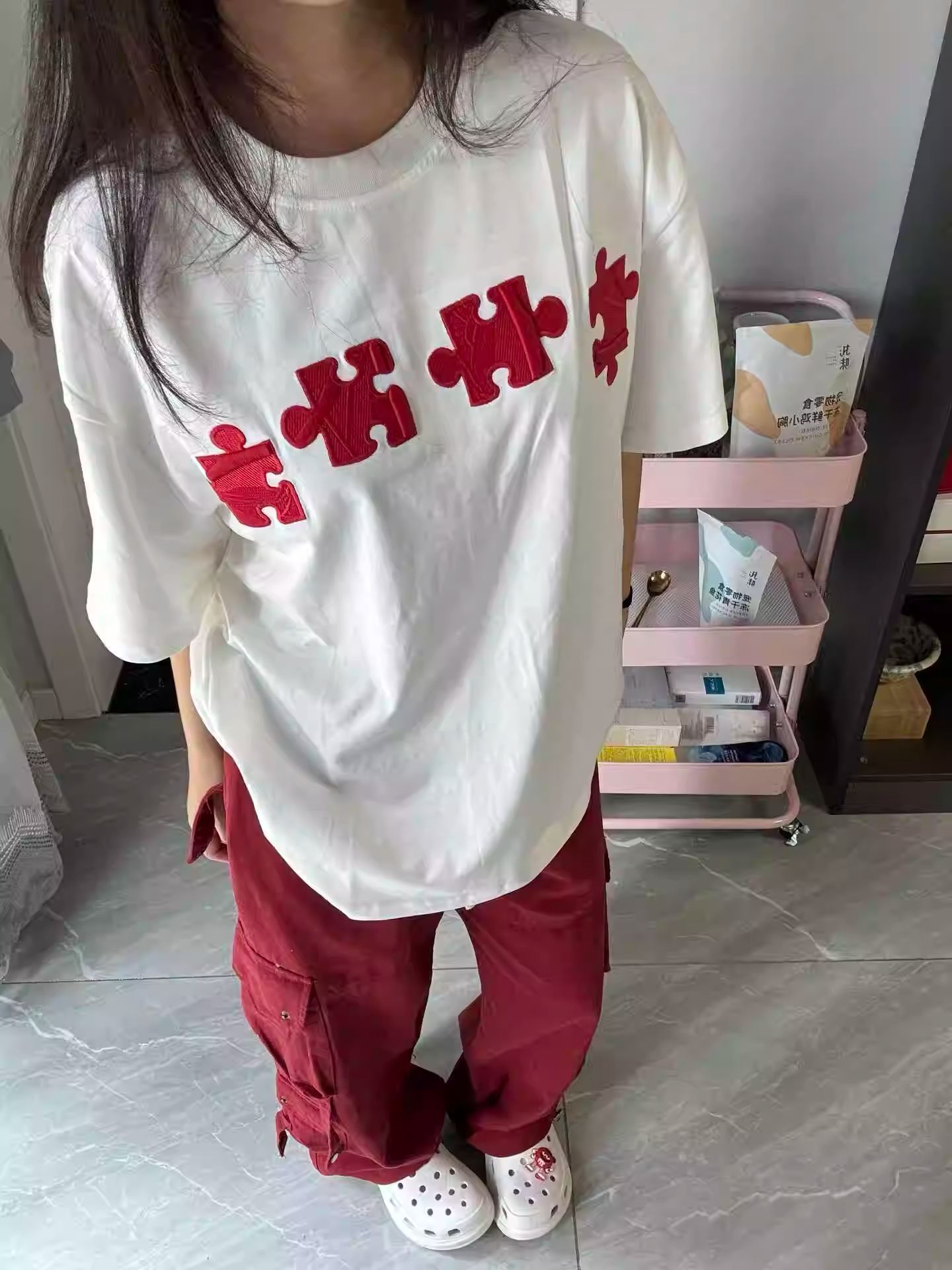 純棉 韓國chic夏季新款韓版美式字母刺繡圓領寬鬆短袖t恤女上衣潮