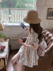 實拍  茶歇青花棉麻古董感系帶娃娃裙連衣裙