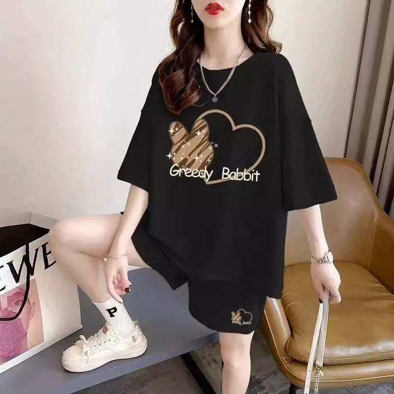 Slippery cotton casual sportswear suit summer new style student shorts T-shirt large size two-piece set women's fashion
