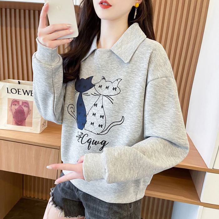 Real photos of Hua Cotton Polo collar sweatshirt for women's new spring and autumn fashionable age-reducing loose large-size women's tops trendy