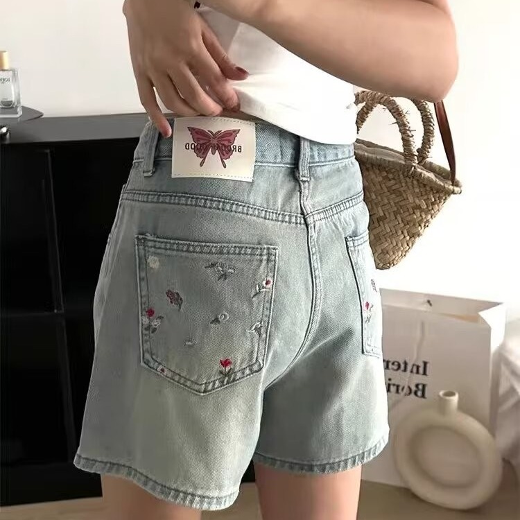 刺繡牛仔短褲女2025夏季新款寬鬆顯瘦百搭洋氣高腰闊腿a字熱褲潮