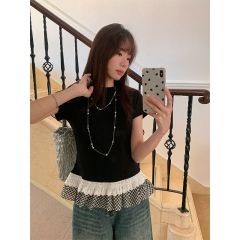 莫代爾人棉純欲風波點拼接斜肩長袖T恤女春季收腰露肩上衣