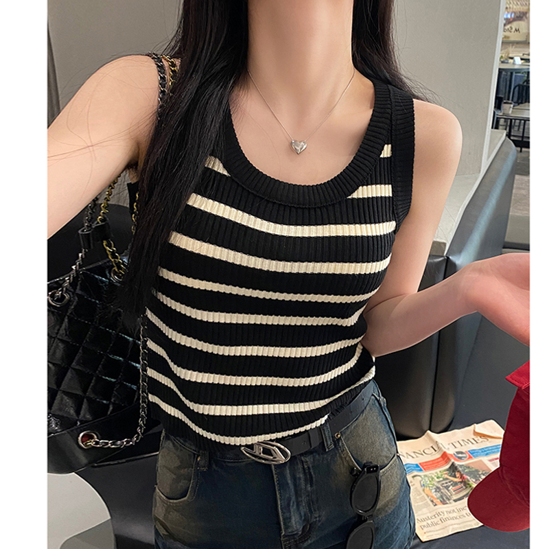 Ice silk knitted striped suspender vest for women with summer design niche French style outer wear sleeveless top