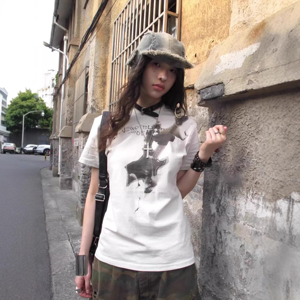 韓國chic純棉後包領夏季新款韓版美式印花修身高彈辣妹短袖T恤女