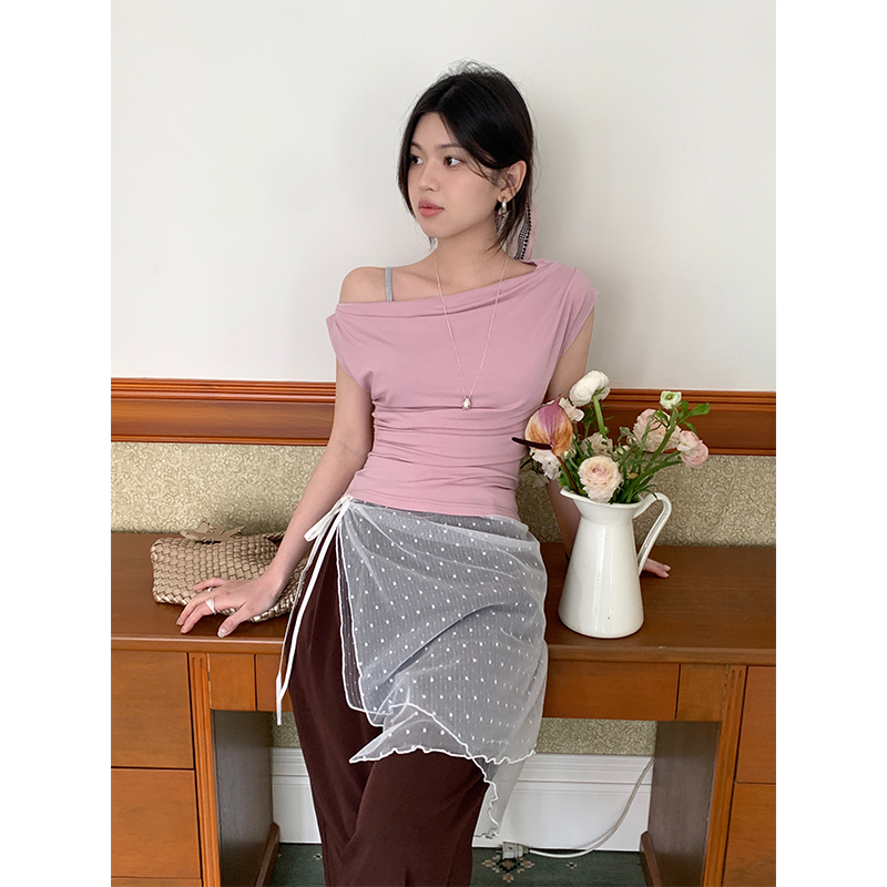 Real shot short-sleeved T-shirt for women 2025 new summer slim hot girl off-shoulder chic Korean niche design top