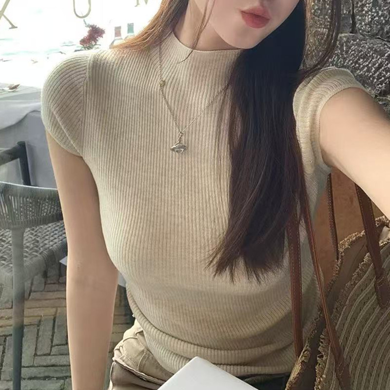 非實拍 針織短袖t恤女夏短款修身設計感小眾半高領泡泡袖上衣