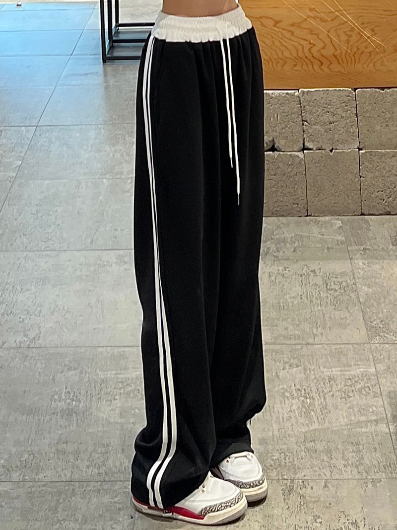 Real photo contrast color drawstring sports pants for women wide-leg floor trousers for spring retro Hong Kong style men and women straight casual pants