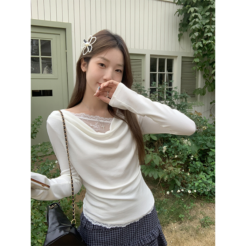 Real shot of 2025 new lace sway collar bottoming shirt fake two-piece design inner slim body