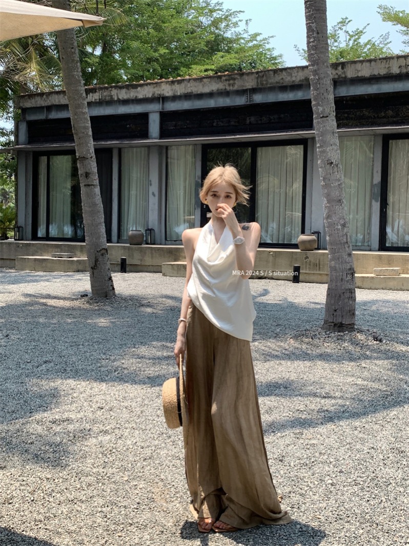 實拍 鬆弛感掛脖盪領露背上衣背心女壓褶闊腿褲垂感休閒長褲