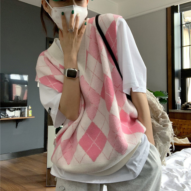 拼色菱格馬甲韓系學院風寬鬆格紋針織背心疊穿上衣女秋