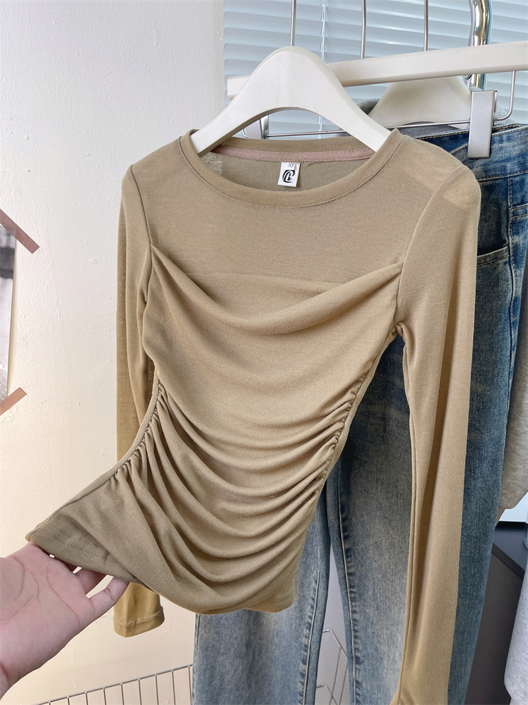 Real-life original quality spliced ​​long-sleeved T-shirt for women with slim fit inside sweet short top