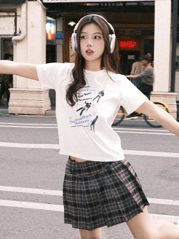 Printed front shoulder short-sleeved T-shirt for women in summer new niche American pure cotton slim T-shirt top