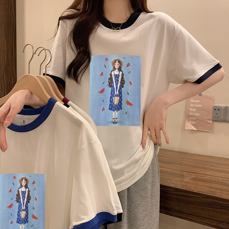 Real shot of 200g pure cotton, new summer sweet girl print fake two-piece contrasting short-sleeved T-shirt for women