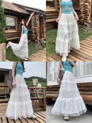 實拍 ~芭蕾風白色半身長裙溫柔高腰a字蕾絲拼接仙女蛋糕裙女