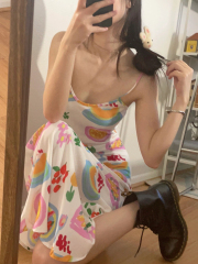 2025 summer new Korean style chic unique color graffiti sleeveless back strap suspender dress