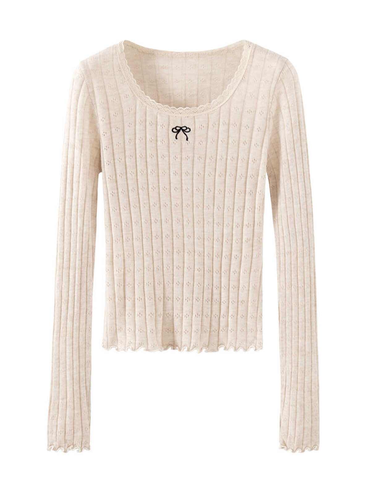 CLUBNEWS Spring and Autumn Women's Long Sleeve Sweater Lace Spliced ​​Design Bow Spliced ​​Top Base Shirt
