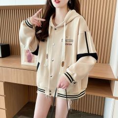 Real photos of Huamian loose hooded baseball uniform jacket for women in spring and autumn design niche contrast color splicing embroidered cardigan