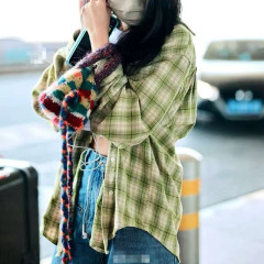 非實拍 綠色格子襯衫外套女小眾設計感上衣寬鬆百搭小衫春夏