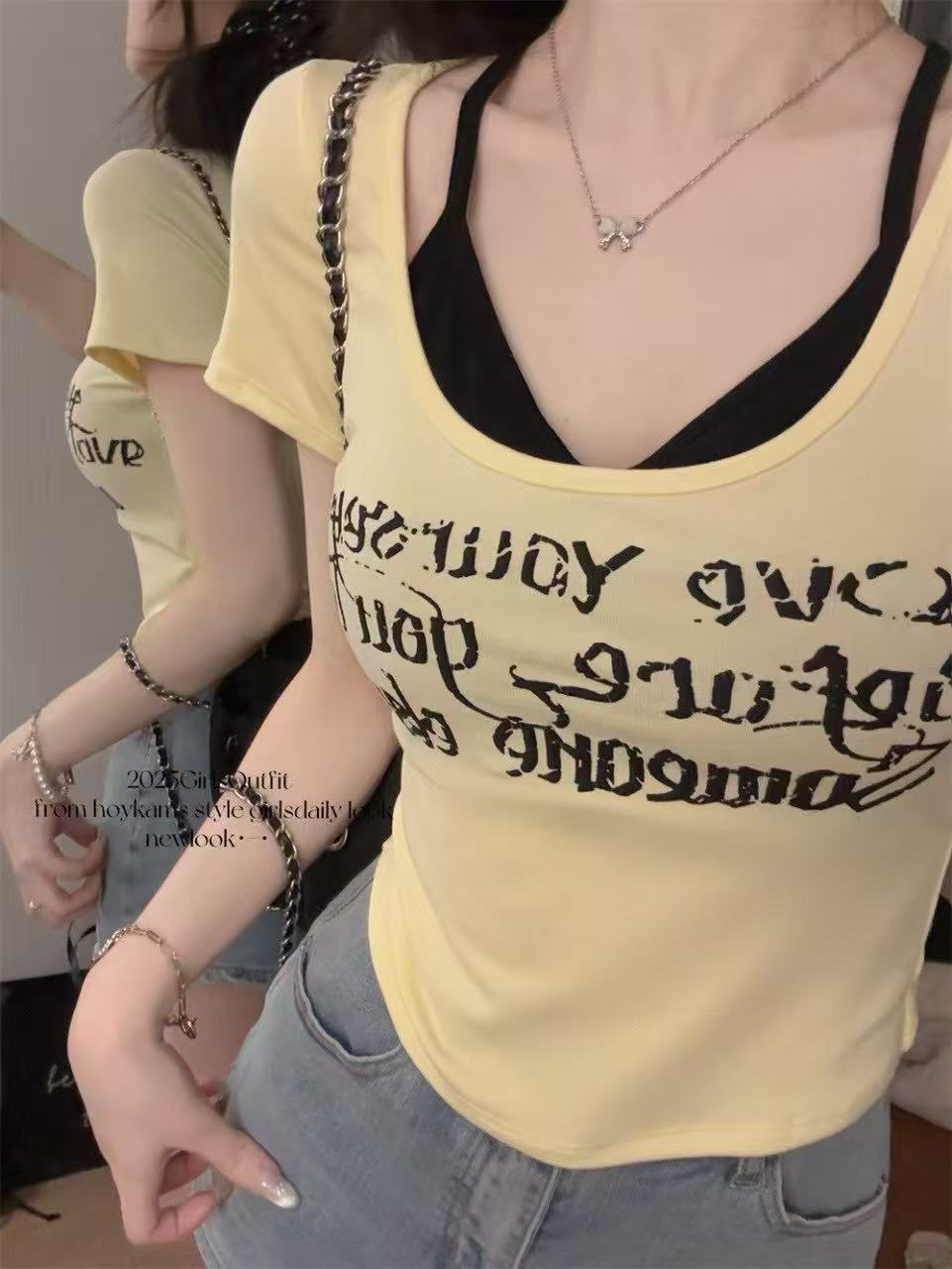 非實拍 美式假兩件短袖t恤短款高腰修身設計感小眾辣妹上衣潮