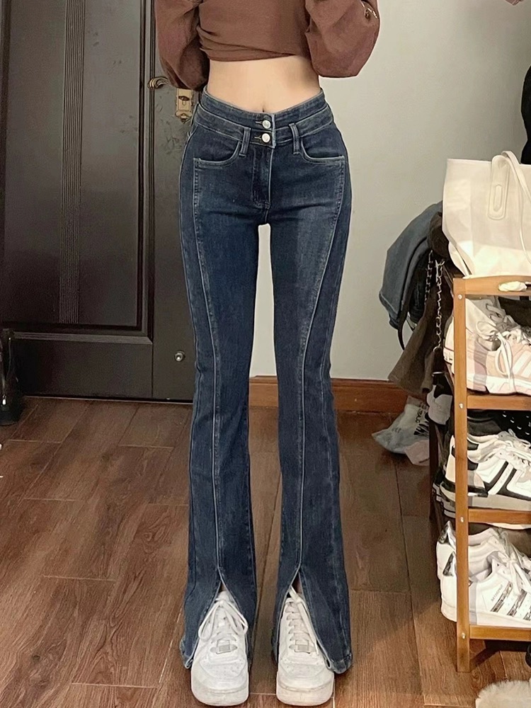 Stretch slit jeans for women straight 2025 new slim fit and slim large size fat mm high waist slightly flaming wide-leg pants
