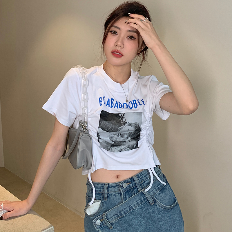 92 cotton 8 spandex 210g real shot summer dopamine outfit short slim waist-hugging design short-sleeved T-shirt for women