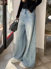 Women's Spring New Blue Denim Straight Leg Wide Leg High Waist Overknee Jeans for Petite and Versatile with Floor-Length Option