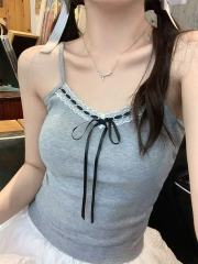 非實拍 純欲蕾絲花邊背心甜辣蝴蝶結修身小吊帶短款美背上衣