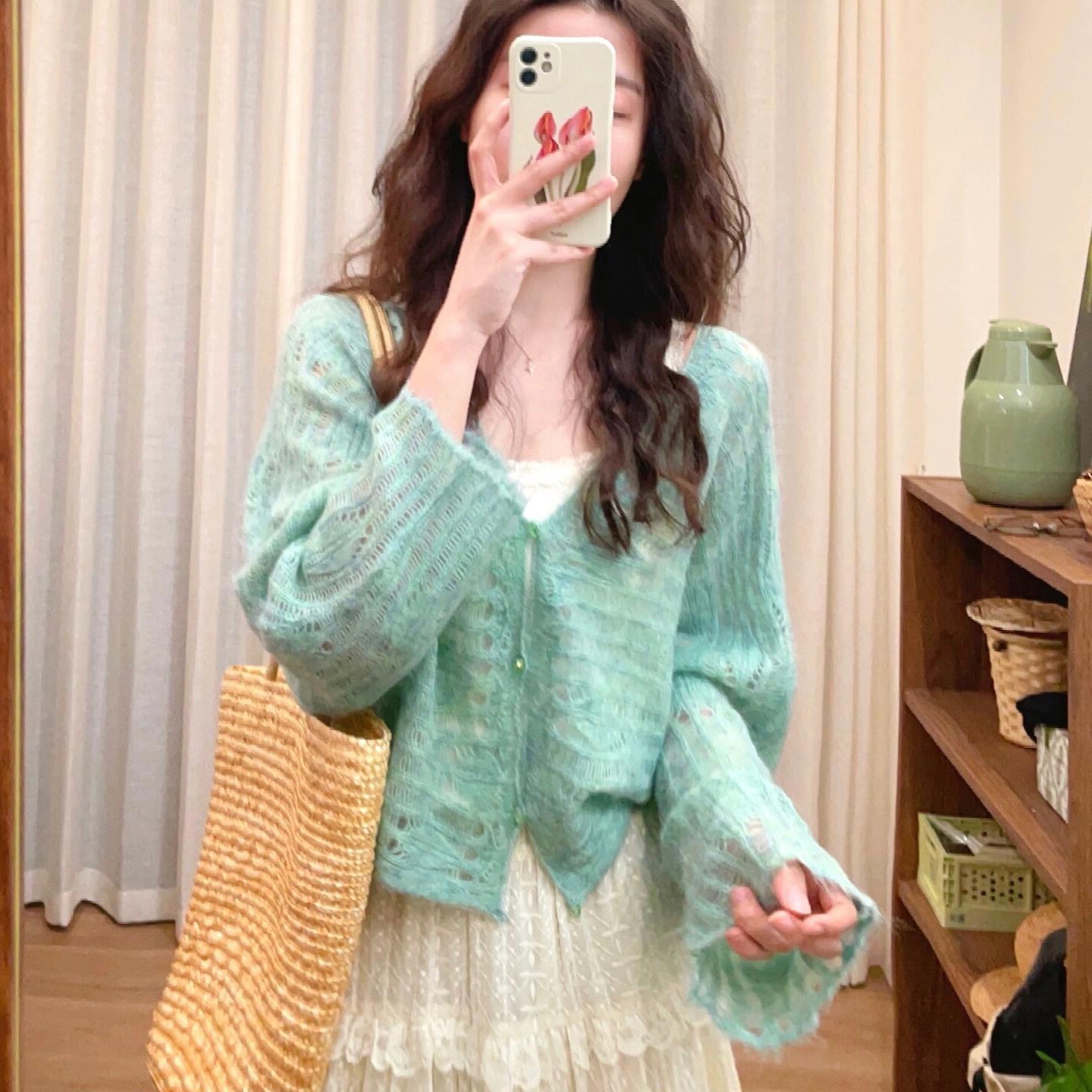 Korean style dressing early spring tops, small fragrance style hollow thin sweater cardigan jacket for women, small knitted sweater