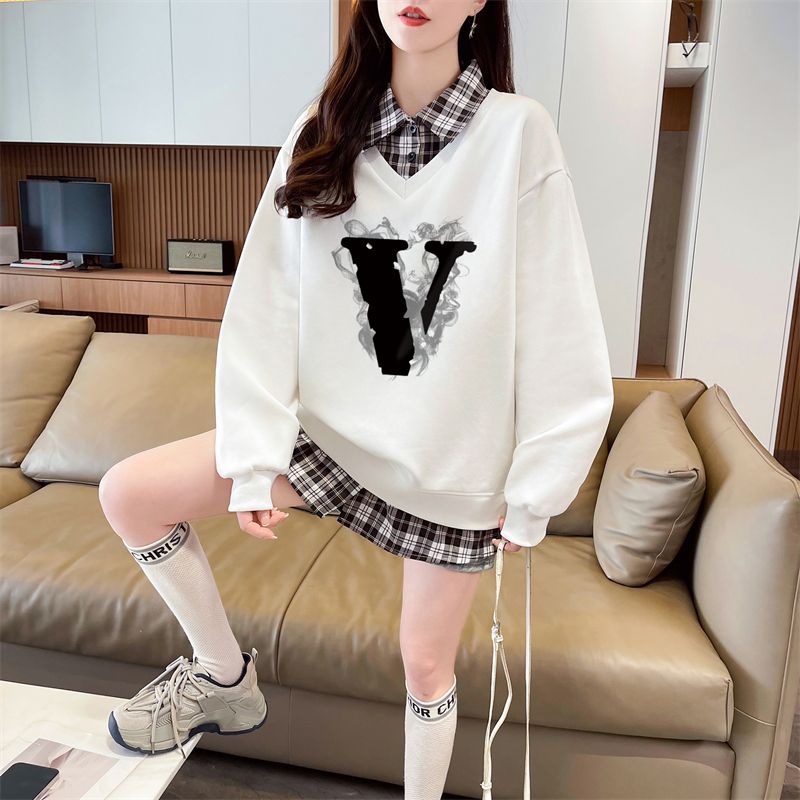 Real shot of plaid polo neck fake two-piece sweatshirt for women's new spring and autumn fashionable age-reducing loose design top
