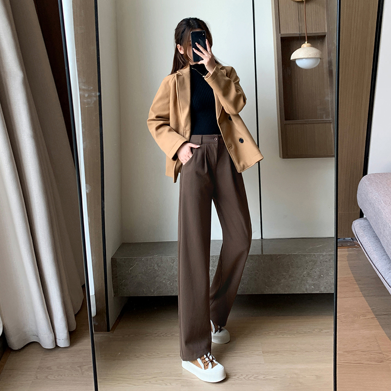 Real shot 380g starry sky woolen wide-leg pants women's high waist straight-leg pants casual pants women's suit trousers