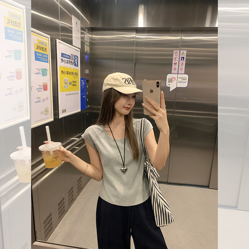 Real photos of women's pure cotton round leader shirt with temperament and versatility, slim fit and slim shoulders, one-sleeved summer pure cotton T-shirt