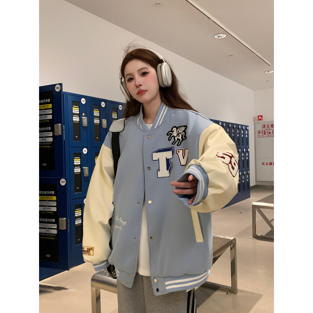 Retro letter flocking embroidered baseball uniform for women 2025 spring trend versatile couple jacket top coat