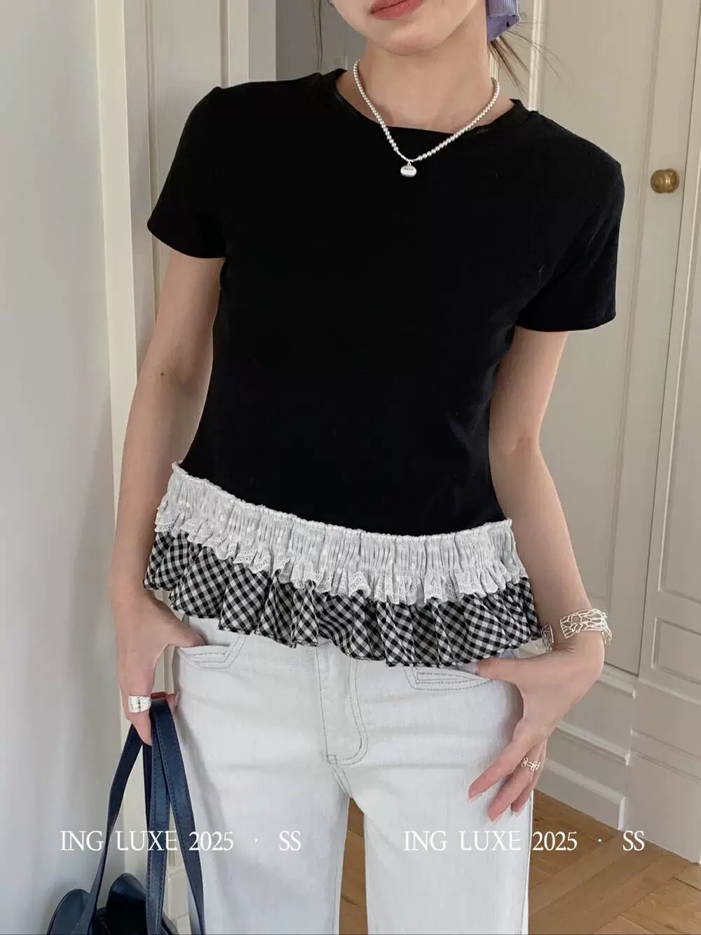 Ballet niche puffy lace splicing Korean style design sense women's round neck slim fit fake two-piece top