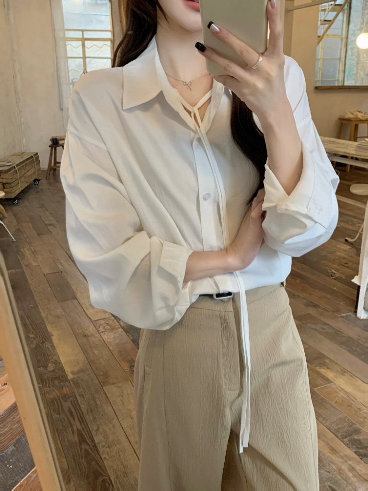 Real shot!  Simple spring and summer design lapel lace-up long-sleeved shirt loose thin blue temperament top