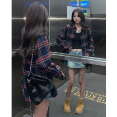 實拍 復古拼色格子長袖襯衫春夏新款美式寬鬆百搭襯衣外套潮