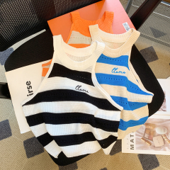 實拍美式辣妹削肩條紋針織吊帶女外穿性感修身掛脖背心甜辣小上衣