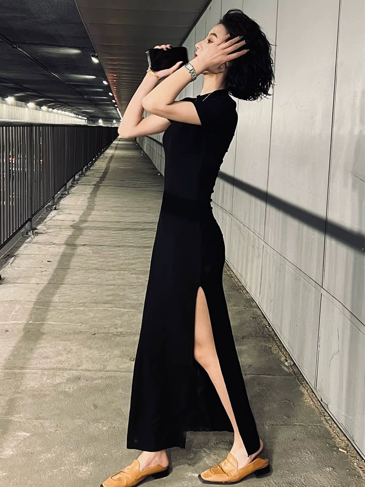 韓國chic夏季新款連衣裙收腰顯瘦黑色百搭開叉中長裙女