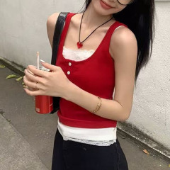 非實拍 紅色短款工字背心夏外穿蕾絲假兩件辣妹無袖獨特吊帶